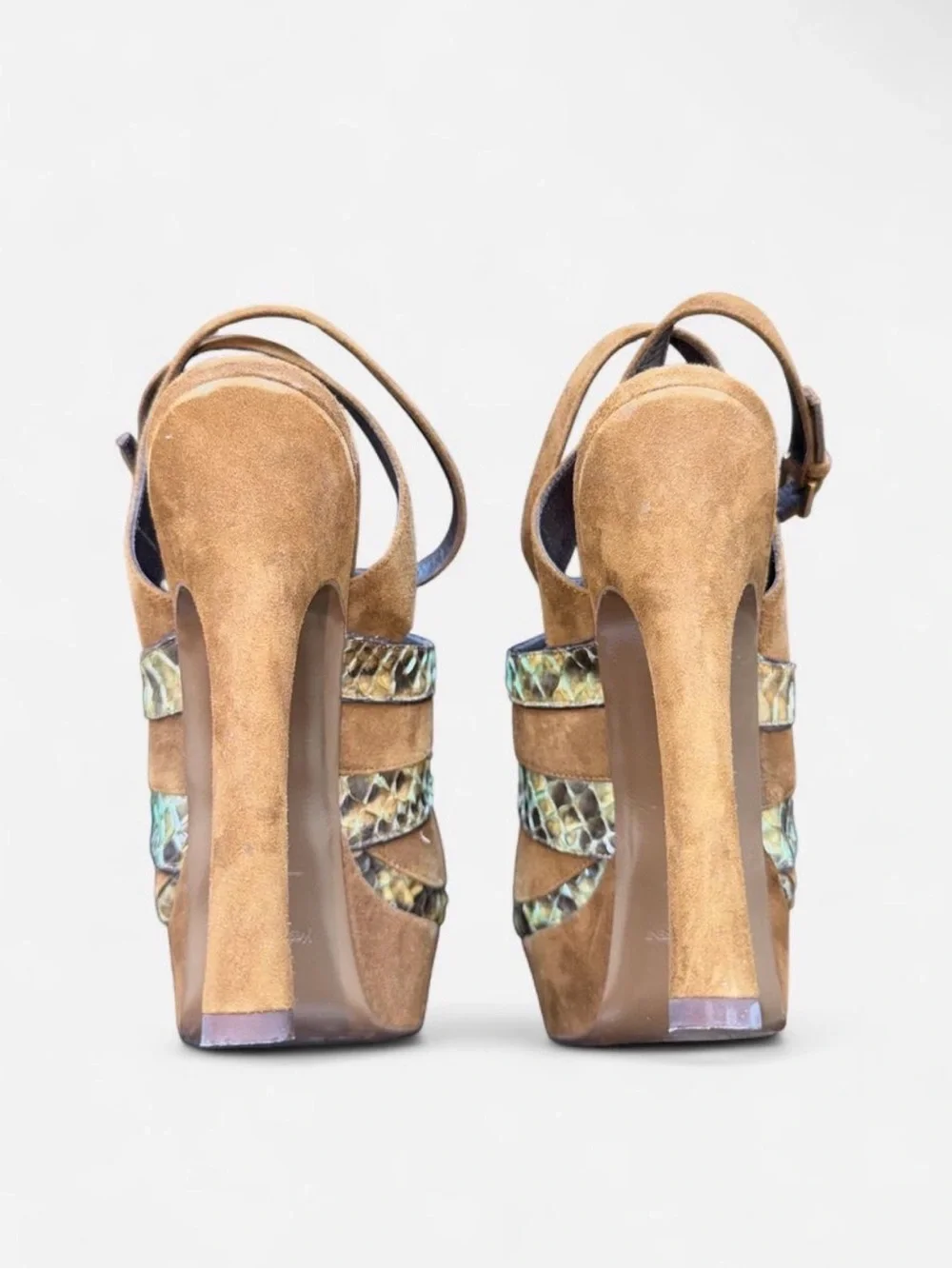 Yves Saint Laurent Brown Suede & Python-Print Slingback Heels